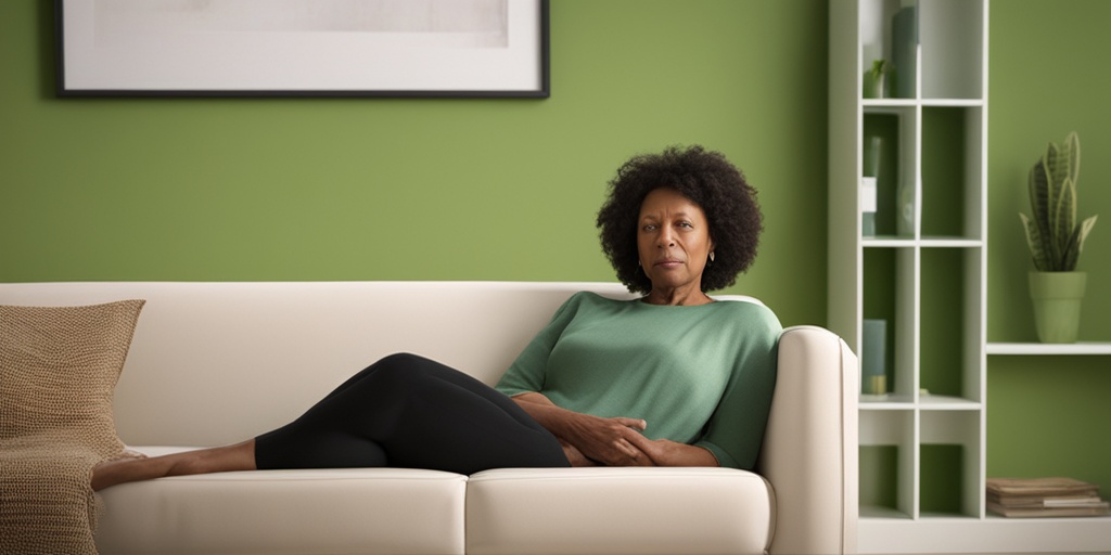 Middle-aged woman sitting on couch, concerned and uncomfortable, with subtle green background