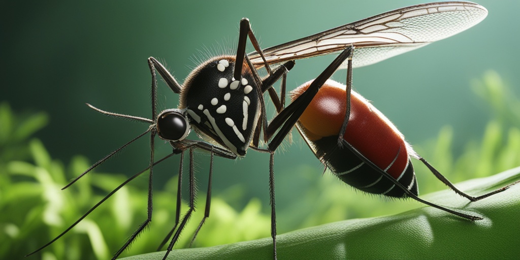 Mosquito about to bite person's arm in a green outdoor environment, conveying risk of West Nile Fever infection.