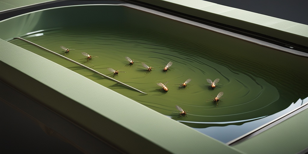 Mosquito breeding site with stagnant pool of water and flying mosquitoes in muted green background.