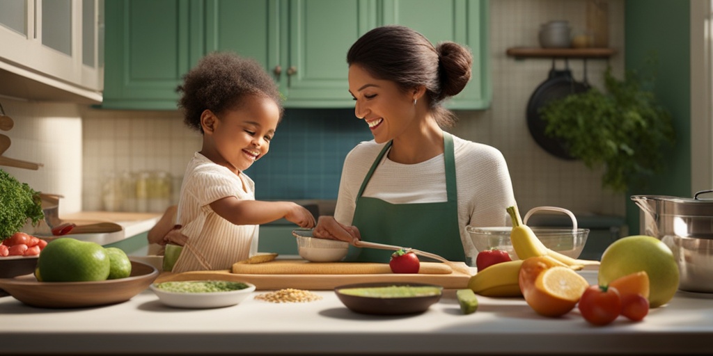 Mother and child preparing a healthy meal together in a warm, inviting kitchen filled with fresh fruits and veggies.