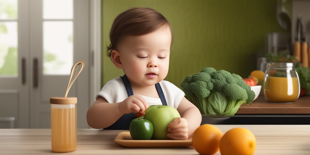 Mother prepares healthy meal with variety of fruits and vegetables for baby