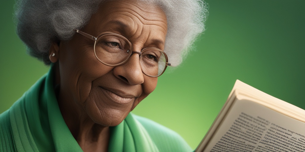 Older adult struggling to read due to blurry vision, double vision, and sensitivity to light, set against a subtle green background.