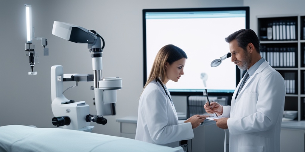 Ophthalmologist examining a patient's eye with medical equipment, conveying professionalism and expertise in a clinical setting.