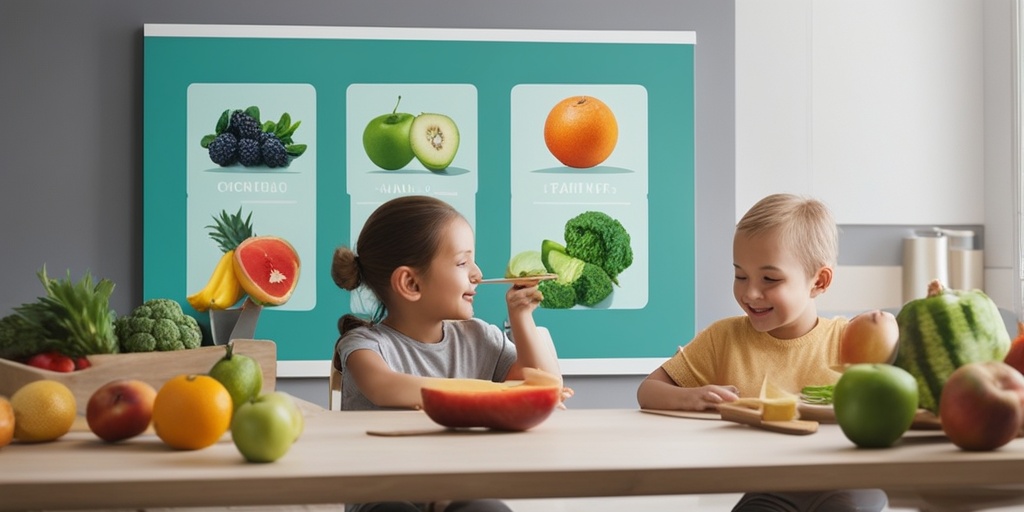 Parent and child planning a meal together using a colorful, interactive meal planning board with healthy food options.