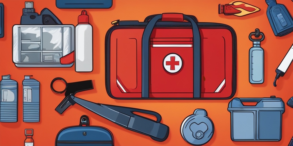 Parent holds toddler, surrounded by emergency items like a first-aid kit, phone, and fire extinguisher, emphasizing preparedness.