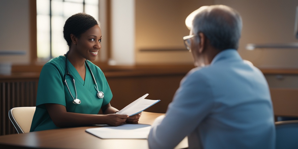 Patient and healthcare provider having an open conversation about medical documents.