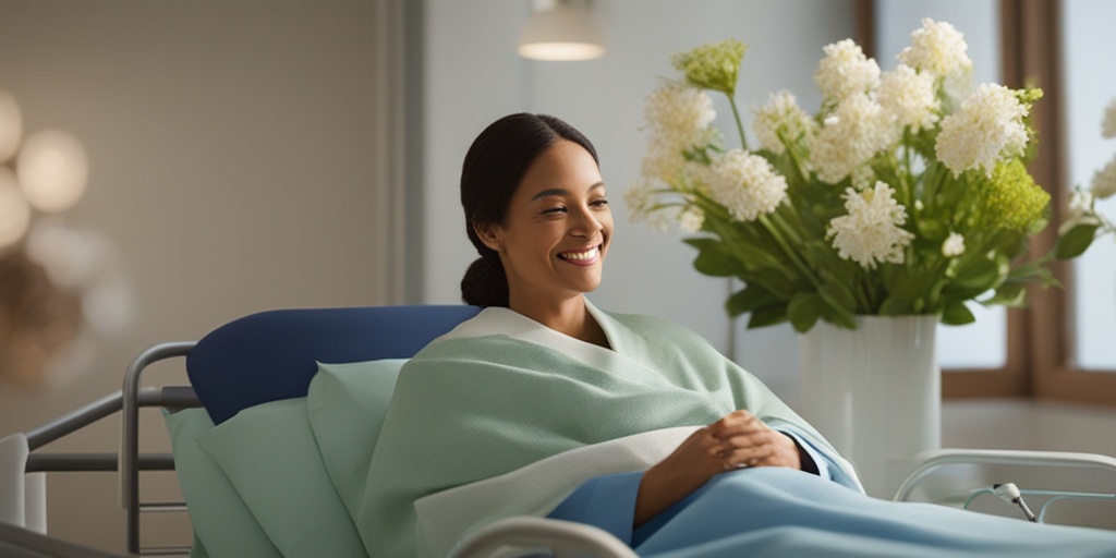 Patient sitting in hospital bed, smiling and holding bouquet of flowers, surrounded by loved ones, with soft green background representing recovery and hope.