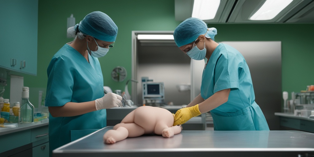 Pediatric surgeon performs umbilical hernia repair surgery on young child in hospital operating room.