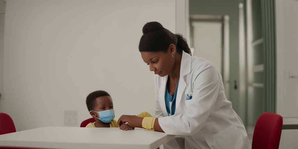 Pediatrician examines child with COVID-19 rapid test kit, parent provides comfort in the background.