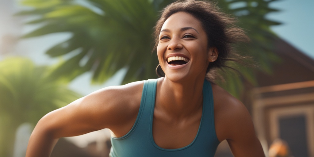 Person engaging in fun outdoor activity, depicting exercise and physical activity for mind-body wellness with vibrant colors and cinematic lighting.