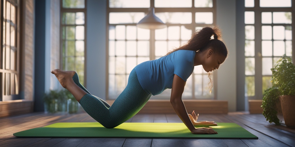 Person engaging in low-impact exercises with healthy food and clean living environment in the background.