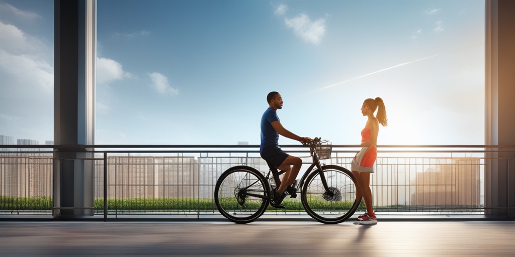 Person engaging in physical activity with healthy food options and chart on a blue background.