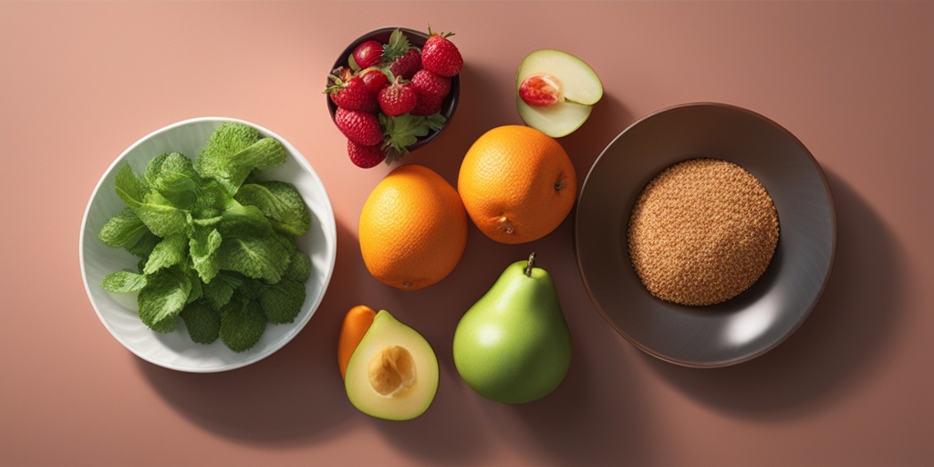 Person enjoying a healthy meal, surrounded by fruits, vegetables, and sunglasses, emphasizing prevention and home remedies for cataracts.