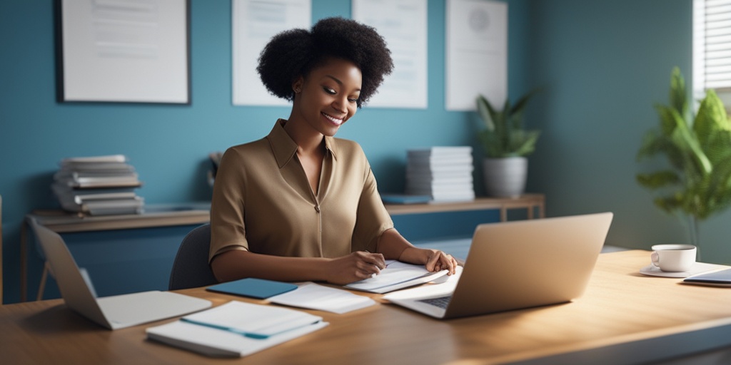 Person feeling relieved and confident while reviewing health insurance documents at a desk.