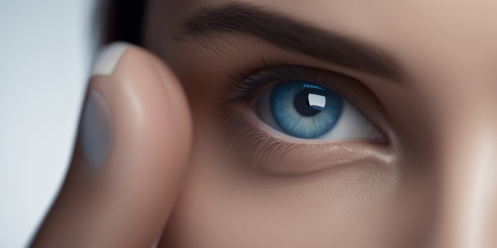 Person gently touching their affected eye, expressing pain or annoyance, with a soft calming background.