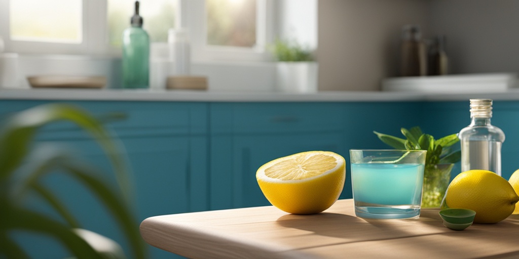 Person holding glass of water with lemon, aloe vera gel, and mouthwash, surrounded by natural lighting, promoting relaxation and relief.