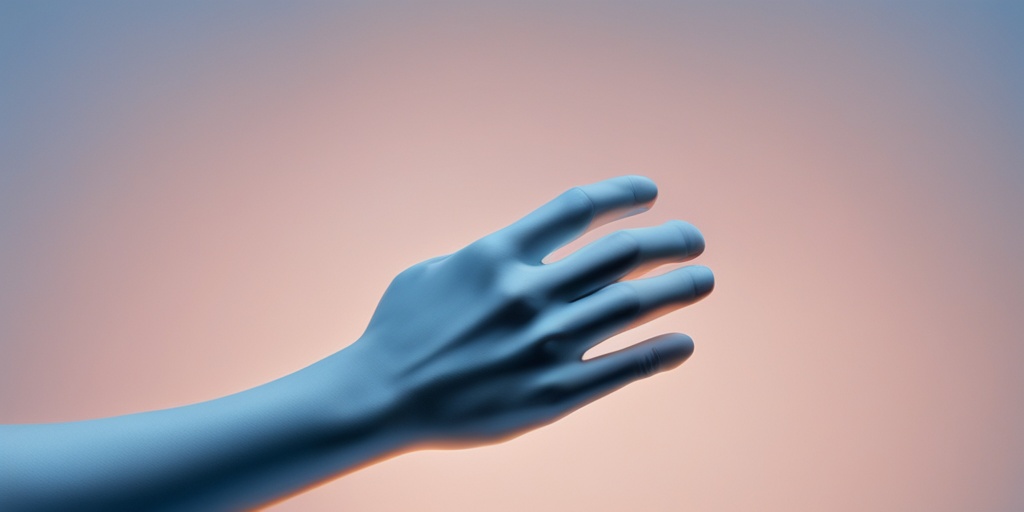 Person holding wrist in pain with numb fingers and swelling against soft blue background