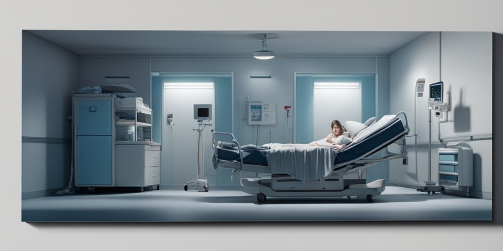 Person in a hospital bed, surrounded by medical equipment and worried family members, with pale skin and sores symbolizing undiagnosed diabetes complications.