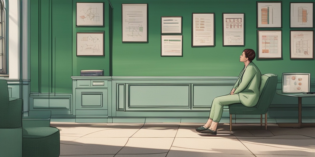 Person in doctor's office surrounded by medical charts and diagrams illustrating interconnected conditions.