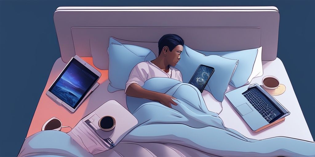 Person lying in bed surrounded by electronic devices, caffeine, and stress, highlighting causes and risk factors of sleep disorders.