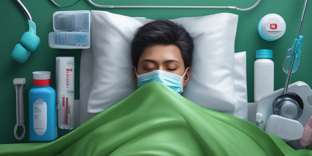 Person lying in bed with fever, rash, and joint pain, surrounded by medical equipment.