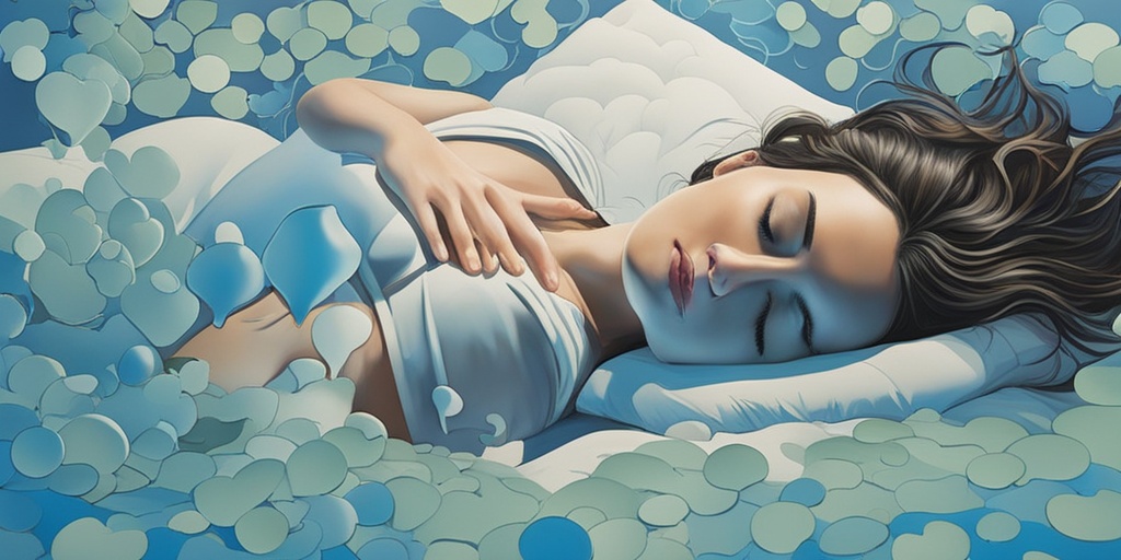 Person lying on bed surrounded by thought bubbles and puzzle pieces, representing disconnection between body and mind.