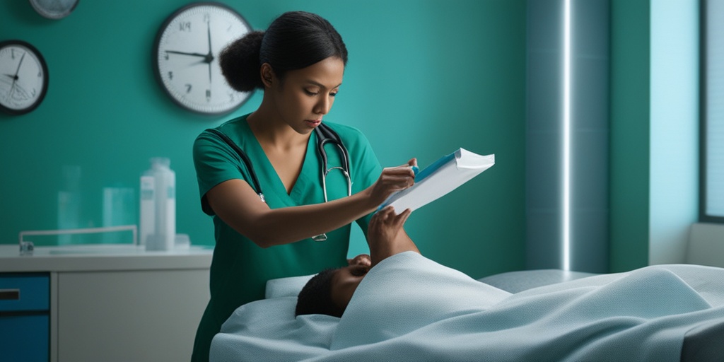 Person lying on hospital bed with Zika virus symptoms, surrounded by medical equipment and doctor, with subtle blue background.