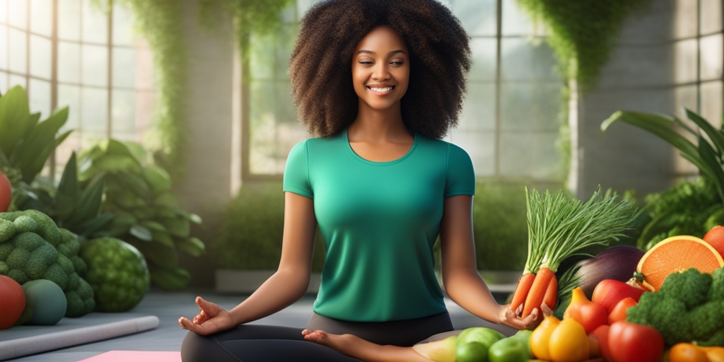 Person making healthy lifestyle changes, practicing yoga surrounded by fresh fruits and vegetables.