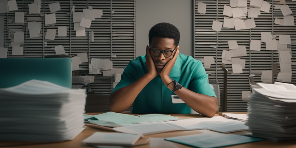 Person overwhelmed by stacks of medical bills and insurance documents at a desk.