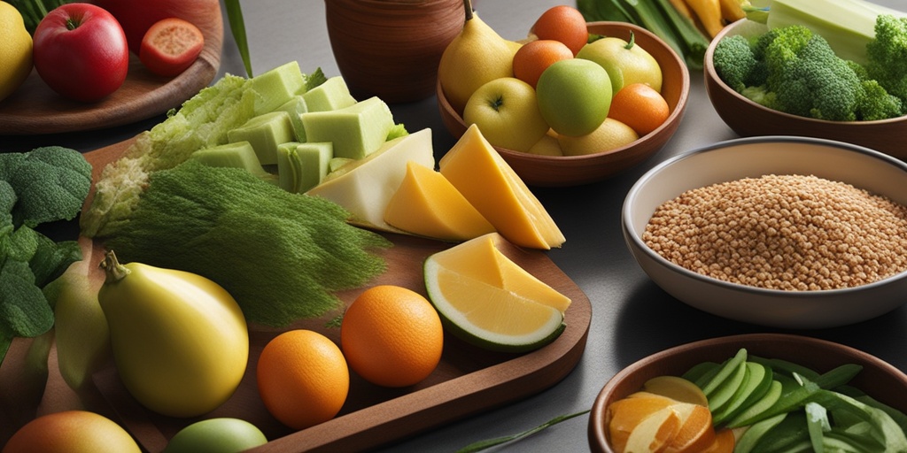 Person preparing a healthy meal with fruits, vegetables, and whole grains in vibrant greens and earthy tones.