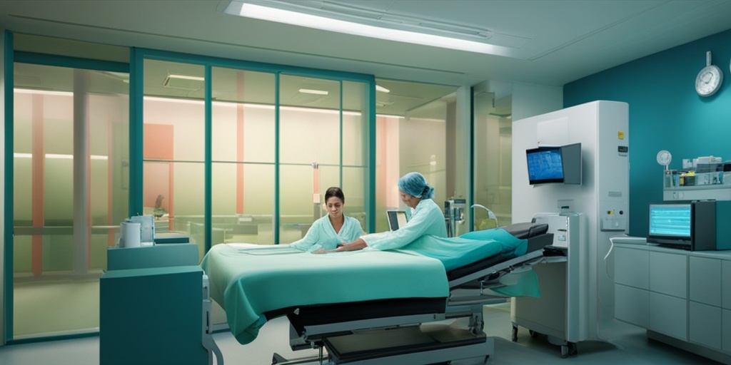 Person receiving treatment for Zika virus in hospital room, surrounded by medical equipment and doctor, with subtle blue background.