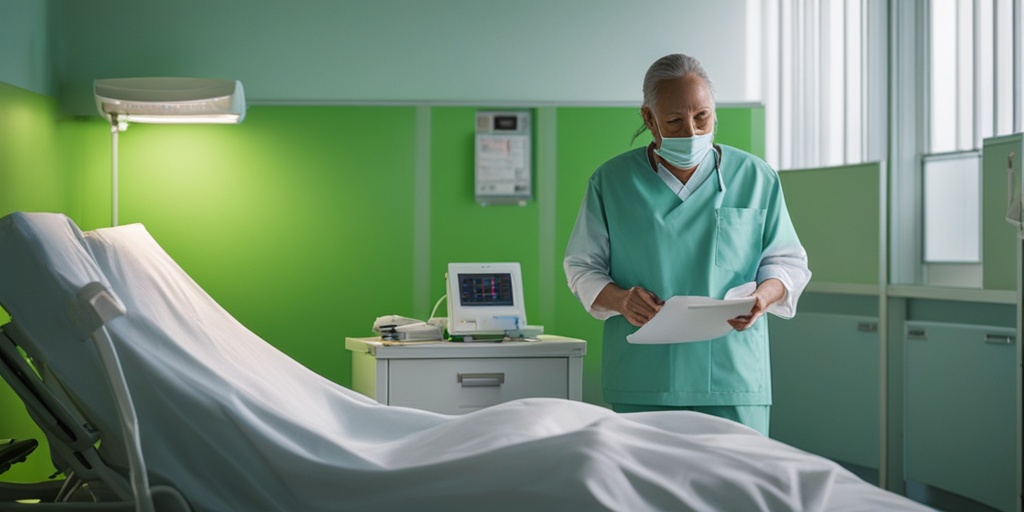 Person recovering from Gastrinoma surgery in a hospital bed with a relieved expression