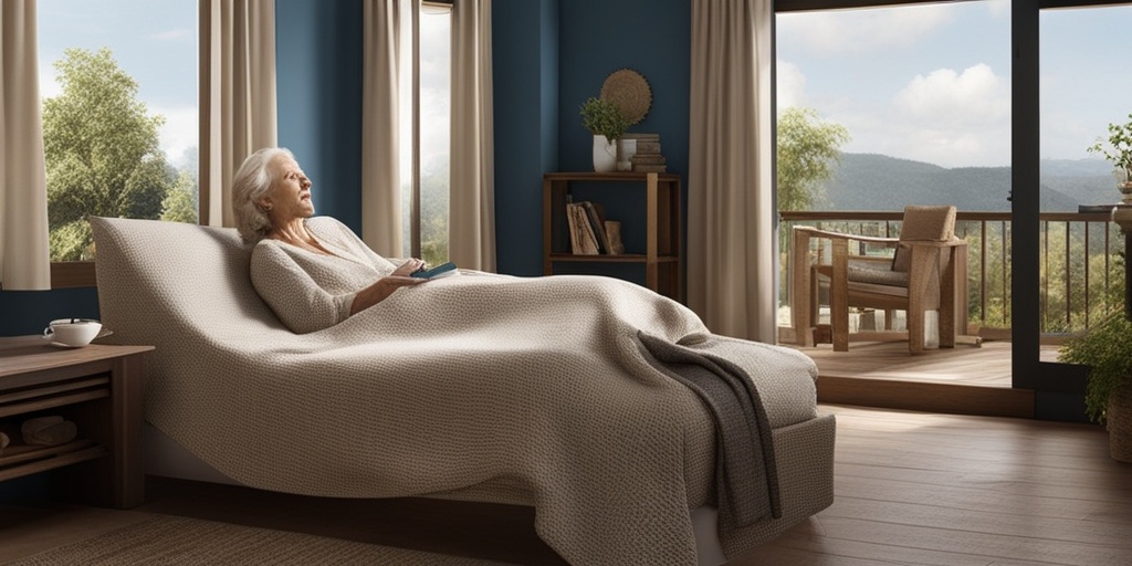 Person relaxing with joint pain, stiffness, and fatigue, surrounded by comforting elements in a calming creamy white and blue atmosphere.