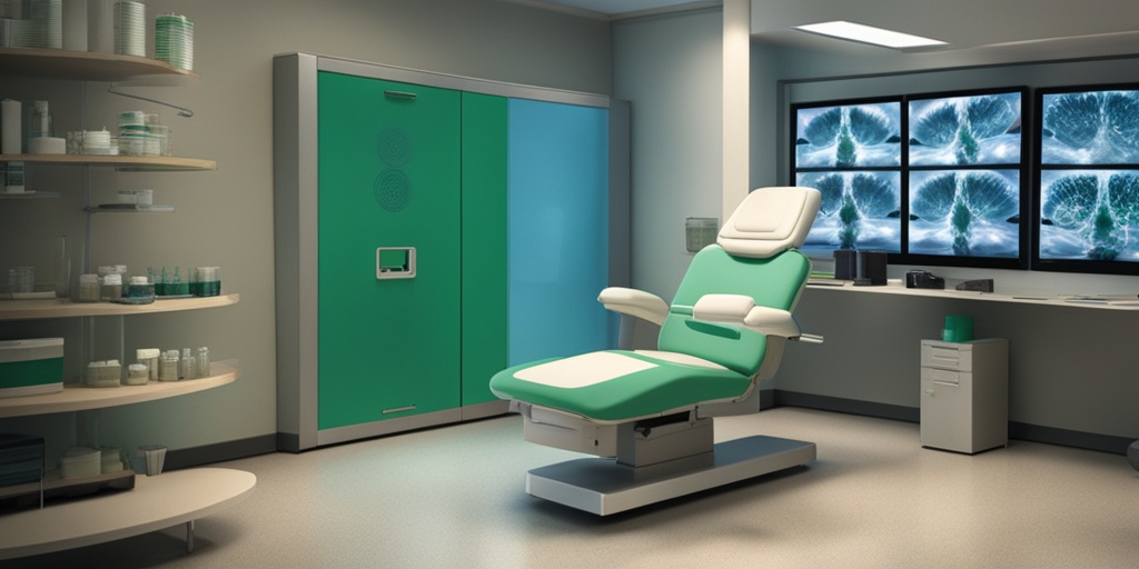 Person sitting in a doctor's office surrounded by medical equipment and subtle hints of blue and green representing treatment options.