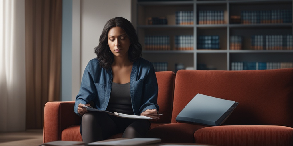 Person sitting on a couch surrounded by medical records, conveying emotional toll of Multiple Myeloma Relapse.