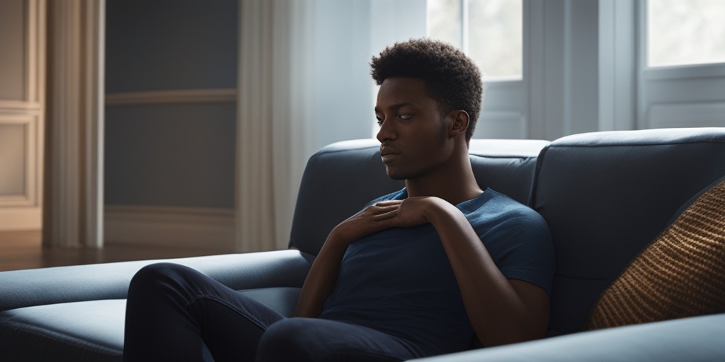 Person sitting on couch, clutching chest, with subtle blue background, conveying calmness amidst anxiety.