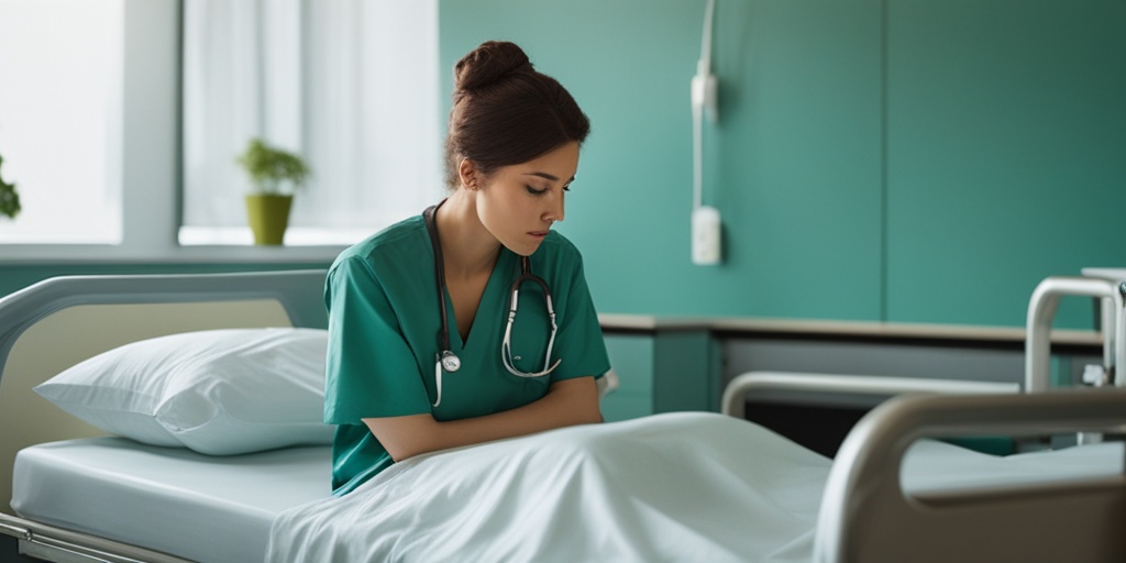 Person sitting on hospital bed, clutching chest and looking anxious, with soft green background representing struggle for breath.