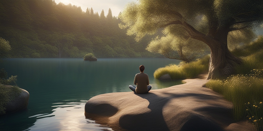 Person sitting peacefully in nature, surrounded by lush greenery and a serene lake.