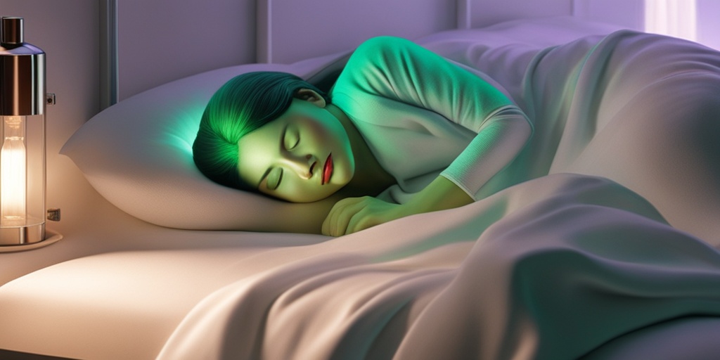 Person sleeping peacefully surrounded by treatment options, such as CPAP machines, sleep masks, and prescription medication, with a calming green glow.