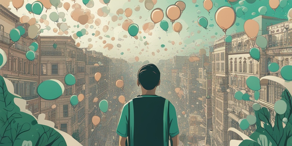 Person standing in crowded city square, surrounded by thought bubbles representing different anxiety disorders, with muted colors and hints of green.