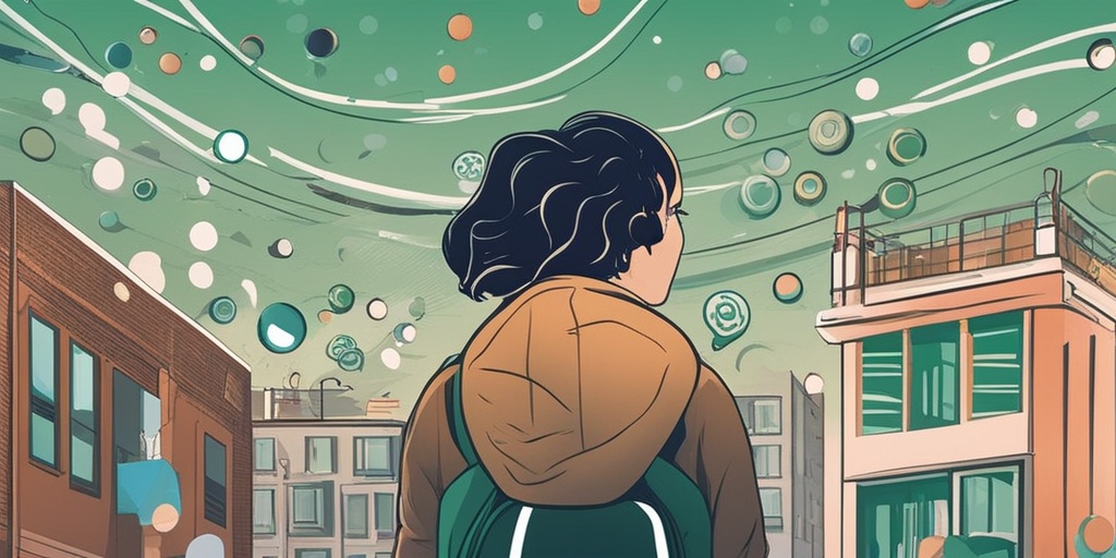 Person standing in crowded city square, surrounded by thought bubbles representing different anxiety disorders, with muted green hues.