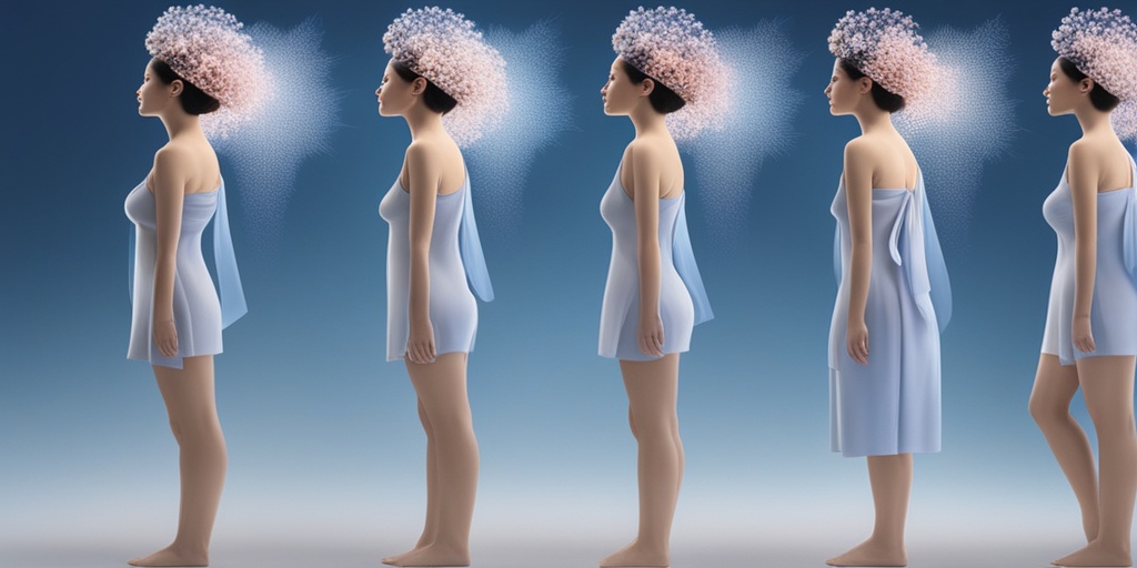 Person standing in front of blue background, surrounded by 3D renderings of fibromyalgia symptoms.