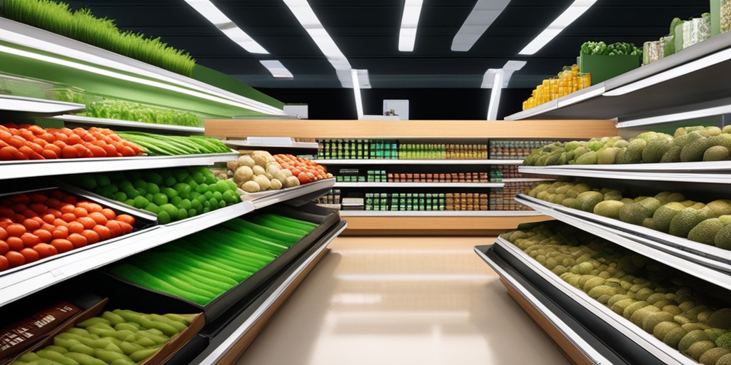 Person standing in grocery store aisle considering cost of organic food options with thought bubble above head.