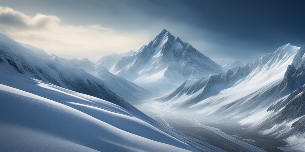 Person stumbling in a dramatic, snowy mountain landscape with a bold, icy blue color palette.