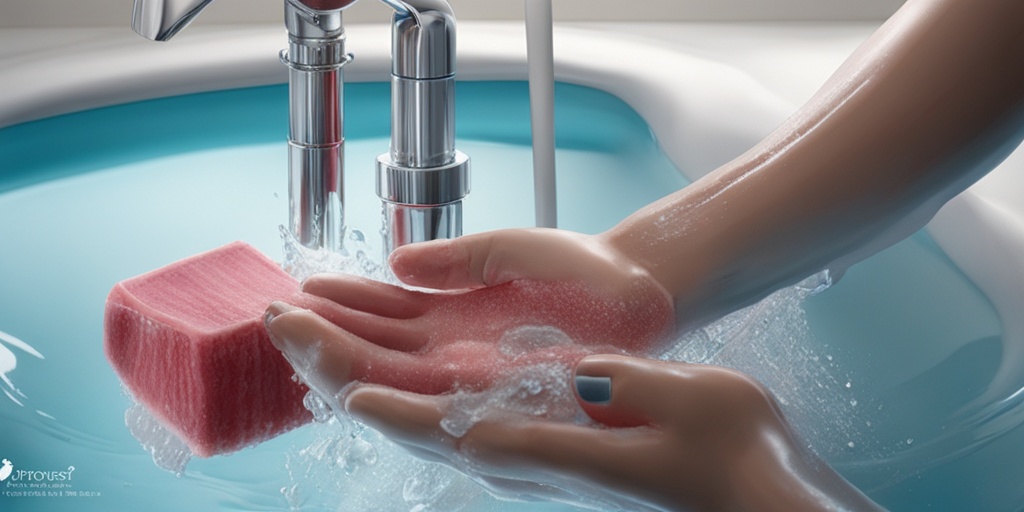 Person washing hands under running water, promoting good hygiene practices to prevent impetigo, in a clean blue tone with realistic lighting.