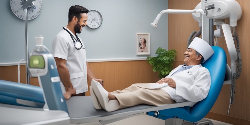 Person with chronic pain smiles during humor therapy session surrounded by humorous medical props.