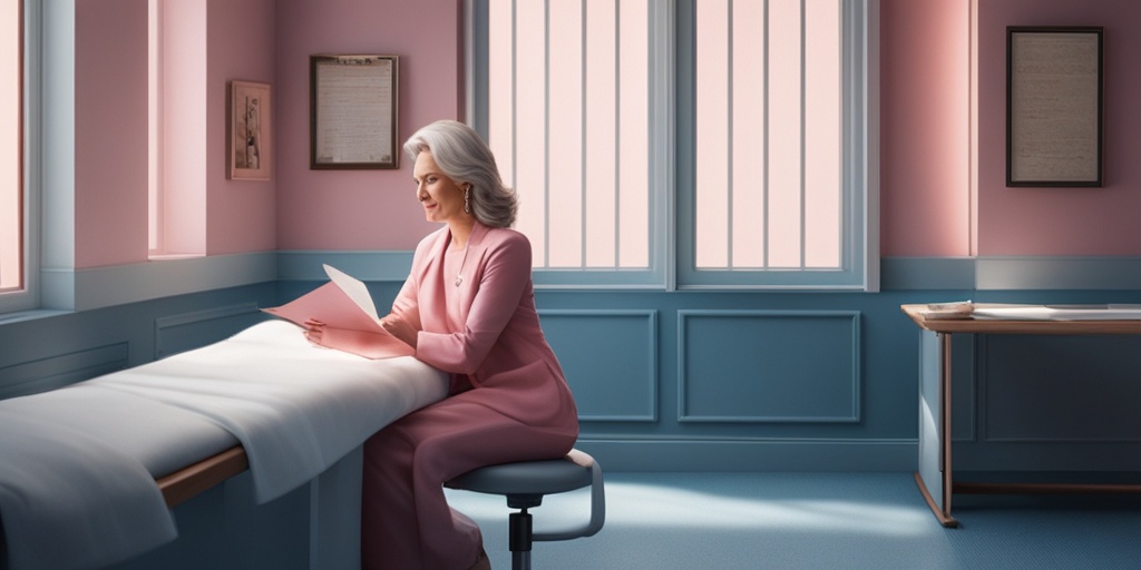 Postmenopausal woman experiencing uterine bleeding sitting in a doctor's office with subtle blue background and medical props.