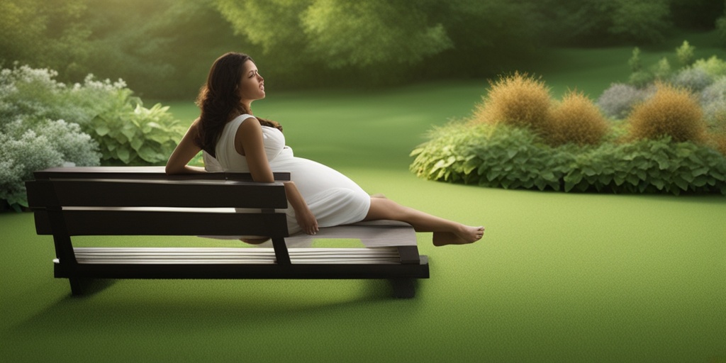 Pregnant woman sitting on a rock clutching her belly with concern