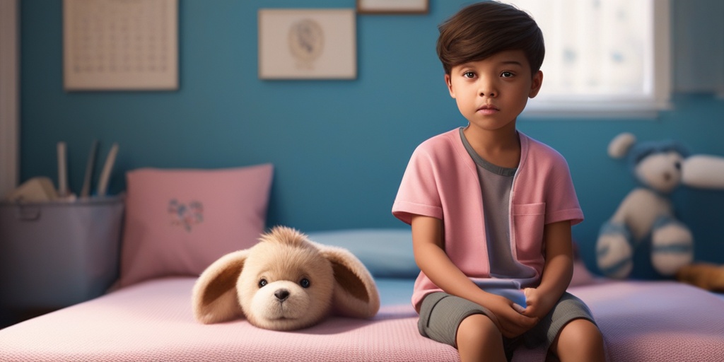 Scared and worried young boy sitting on a hospital bed, surrounded by medical devices and holding a stuffed animal.