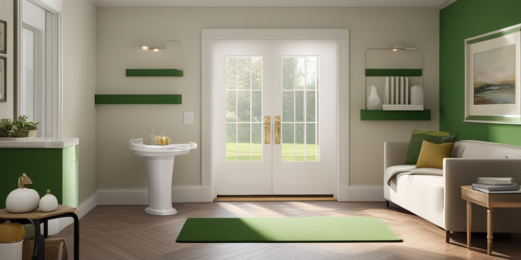 Senior-friendly home safety supplies setup with grab bars, non-slip mats, and a medical alert system in a soothing green and creamy white color palette.